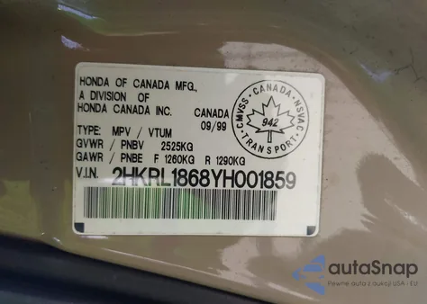 2000 Honda Odyssey Ex z USA, uszkodzony, nr VIN 2HKRL1868YH001859